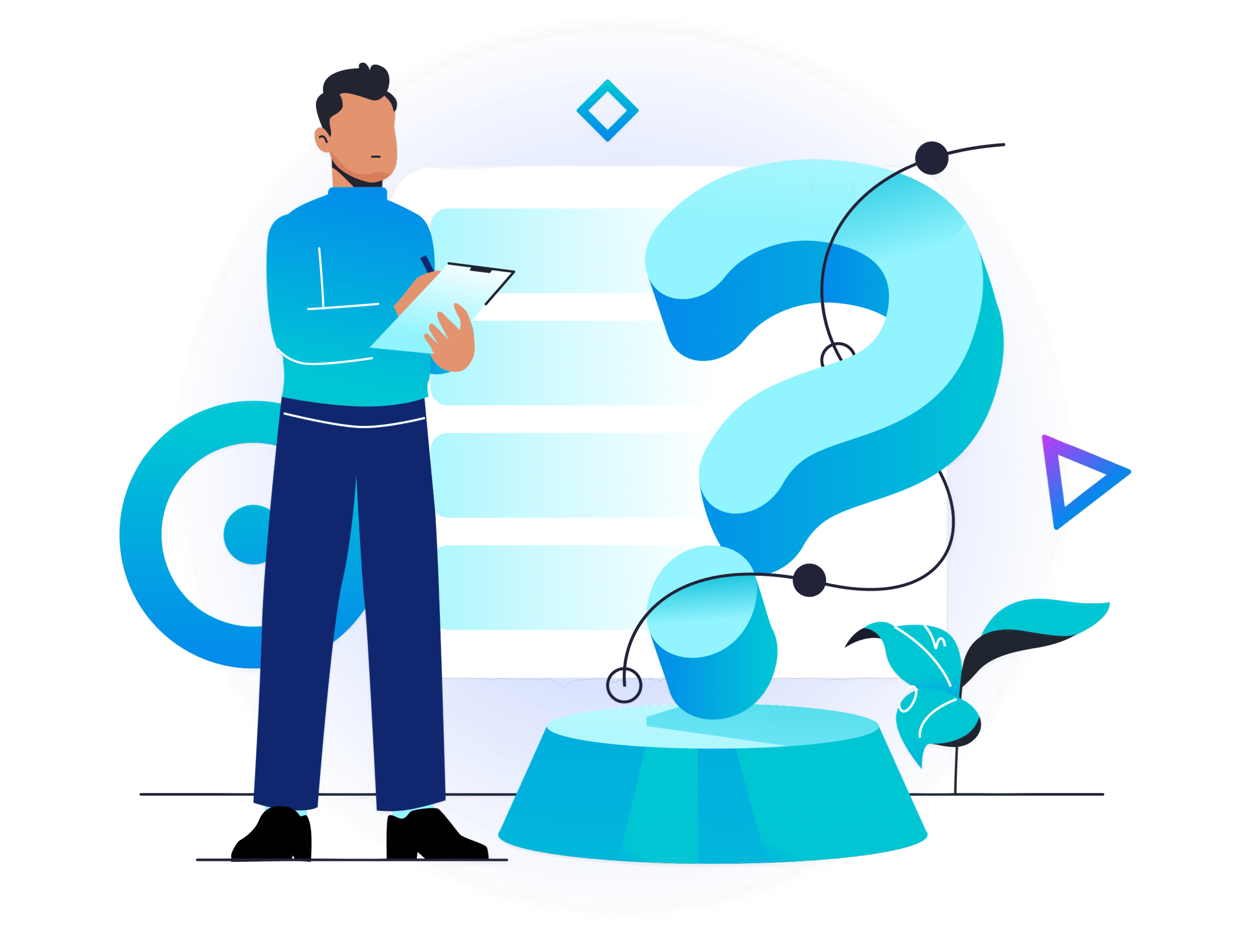 Illustratie van een persoon die zijn geschiktheid wilt weten voor thuiswerken en vragen heeft hierover.